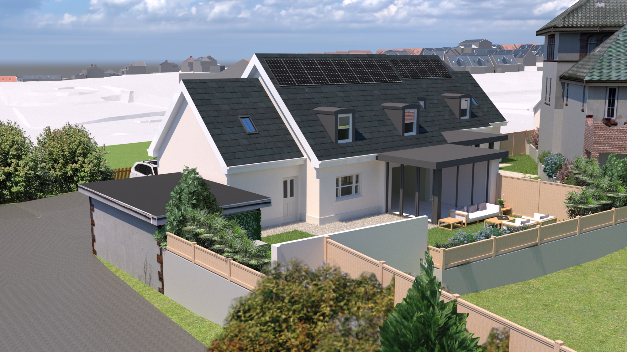 Rear garden, terrace and solar